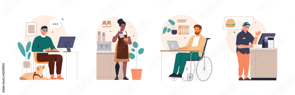 Poster inclusion in the workplace. vector cartoon illustration of diverse people with different types of in