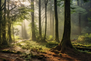 Obraz premium Deciduous forest in the soft morning light. Generative AI.