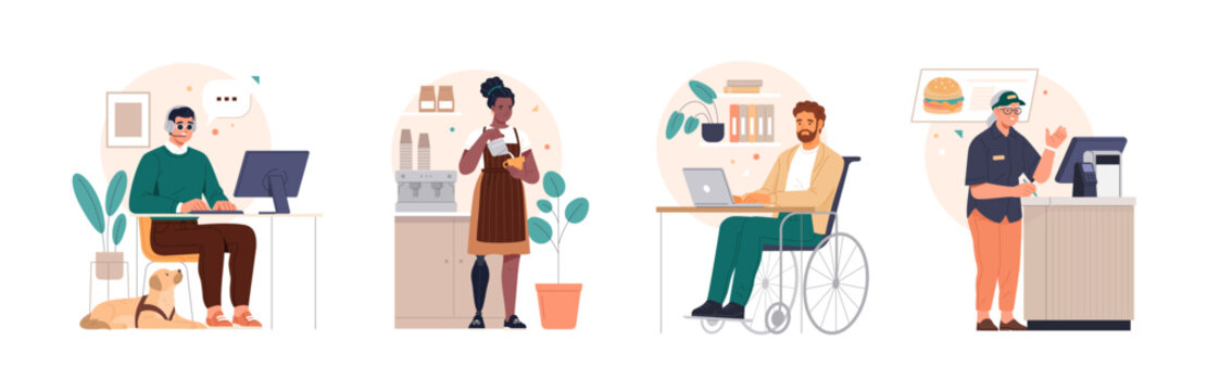 Inclusion in the workplace. Vector cartoon illustration of diverse people with different types of inclusiveness, such as old age, disability, and visual impairment, who perform certain duties at work.