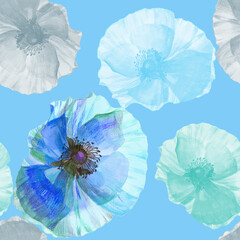 Poppies light blue and turquoise watercolor painted isolated on white background seamless pattern for all prints.