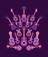 Abstract shape design includes many different guitars isolated on a violet background, flat style vector graphic artwork.