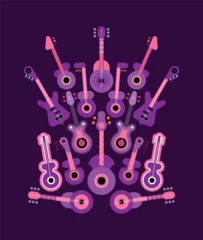 Fototapeten Abstract shape design includes many different guitars isolated on a violet background, flat style vector graphic artwork. ©  danjazzia