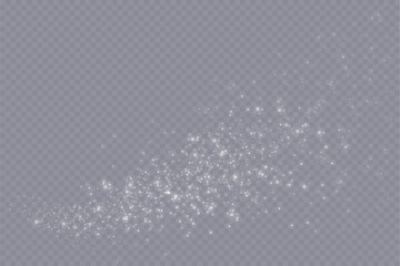 Particles of white magic dust. Shining light particles.Christmas glitter particles. Light effect on a transparent background