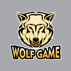yellow saffron wolf game logo design vector, team mascot logo