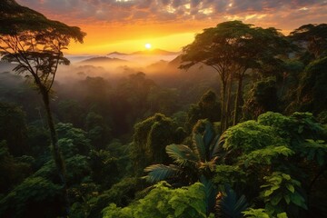 Amazon rainforest during evening. Created with Generative Ai technology. - obrazy, fototapety, plakaty