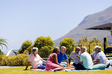 Happy senior diverse people sitting on blanket and having picnic in garden, copy space