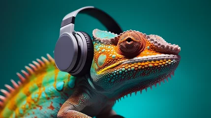  Chameleon wearing earphones on a solid color background, digital art, faceted, minimal, abstract. © Anek
