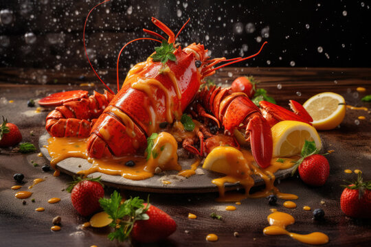 Exquisite dish featuring a large lobster tail placed gracefully on a mountain of vibrant saffron risotto, creating a visually stunning and mouthwatering culinary masterpiece. Generative AI.