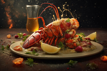 Exquisite dish featuring a large lobster tail placed gracefully on a mountain of vibrant saffron risotto, creating a visually stunning and mouthwatering culinary masterpiece. Generative AI.