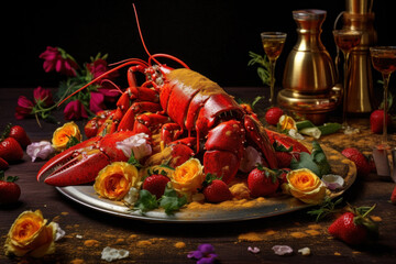 Exquisite dish featuring a large lobster tail placed gracefully on a mountain of vibrant saffron risotto, creating a visually stunning and mouthwatering culinary masterpiece. Generative AI.