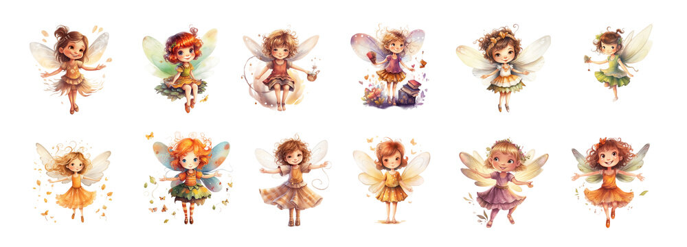 Set of illustrations of beautiful watercolor fairies for children and children's books