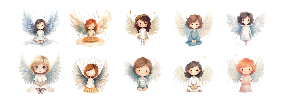 A set of illustrations of beautiful watercolor angels for children and children's books  AI