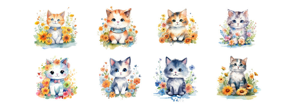 Set of illustrations of beautiful watercolor kittens for children and children's books AI