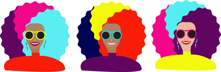 Vector black and white girl colorful minimal portrait close up. Multicolor portrait set of a woman with sunglasses.