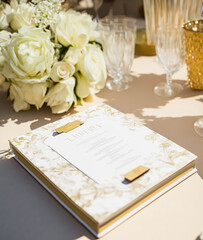 Beautiful luxury wedding table decoration idea and inspiration with flowers and generic stylised design for a summer wedding celebration outdoors in the English style floral garden. Generative Ai