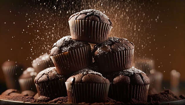 Chocolate cakes, muffins on dark studio background. Generative Ai
