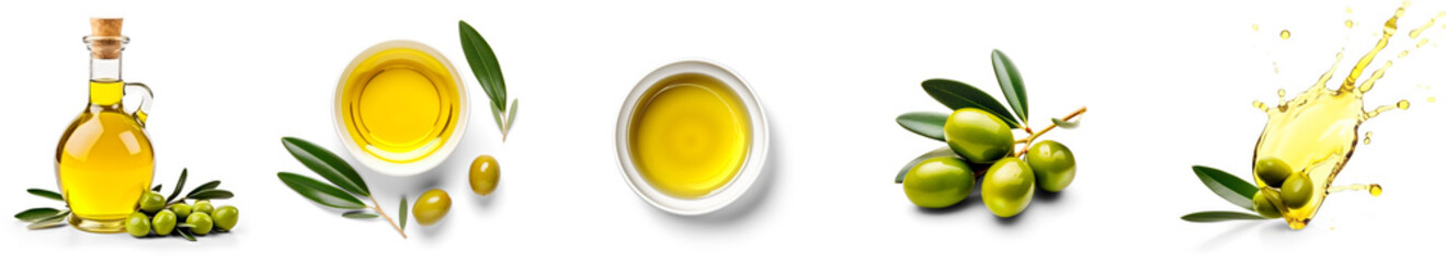 Set of olive oil: a bottle, a bowl, splashes with drops, olives, isolated on transparent   - obrazy, fototapety, plakaty