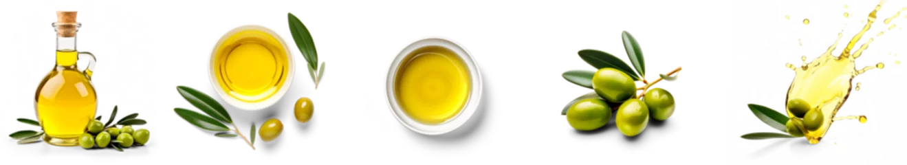 Fotobehang Set of olive oil: a bottle, a bowl, splashes with drops, olives, isolated on transparent   © fotogurmespb