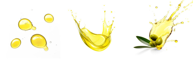 Set of  drops and splashes of olive oil, close up, isolated on transparent
