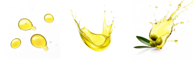 Foto op Plexiglas Set of  drops and splashes of olive oil, close up, isolated on transparent © fotogurmespb