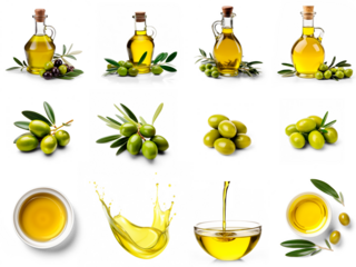 Set of olive oil in a bottles, olives, oil in a bowl, pouring oil, oil drops isolated on transparent