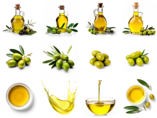 Tuinposter Set of olive oil in a bottles, olives, oil in a bowl, pouring oil, oil drops isolated on transparent © fotogurmespb
