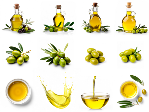 Set of olive oil in a bottles, olives, oil in a bowl, pouring oil, oil drops isolated on transparent