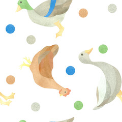 Children's seamless pattern with chicken, duck, goose and colored circle. Watercolor illustration highlighted on a white background. A set OF ANIMAL FACES. Suitable for children's textile design