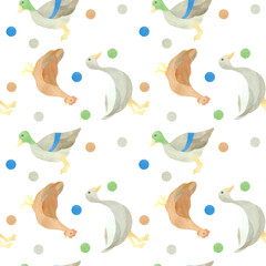 Children's seamless pattern with chicken, duck, goose and colored circle. Watercolor illustration highlighted on a white background. A set OF ANIMAL FACES. Suitable for children's textile design
