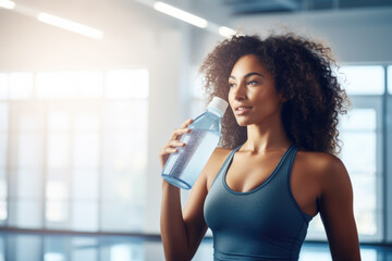 Fit woman drinking water from the bottle in the gym