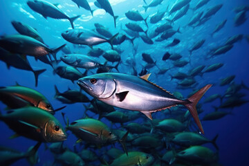 Group of tuna swimming gracefully in the crystal-clear sea, surrounded by vibrant coral reefs, illuminated by the bright afternoon sun. Generative AI.