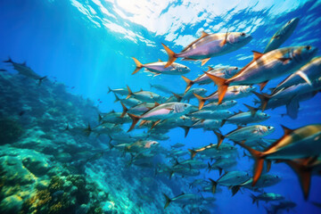 Fototapeta na wymiar Group of tuna swimming gracefully in the crystal-clear sea, surrounded by vibrant coral reefs, illuminated by the bright afternoon sun. Generative AI.