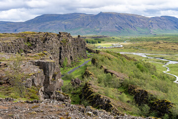 Fototapeta na wymiar Thingvellir rift valley of the mid Atlantic ridge and historic assembly site of Althing or Law Rock in Parliament plains in Iceland