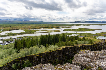 Landscape of Thingvellir rift valley of the mid Atlantic ridge and Lake Thingvallavatn in Iceland