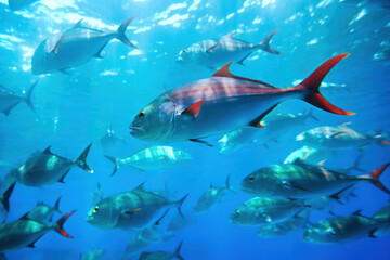 Fototapeta premium Group of tuna swimming gracefully in the crystal-clear sea, surrounded by vibrant coral reefs, illuminated by the bright afternoon sun. Generative AI.