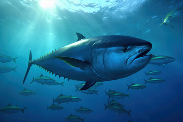 Fototapeta premium Group of tuna swimming gracefully in the crystal-clear sea, surrounded by vibrant coral reefs, illuminated by the bright afternoon sun. Generative AI.