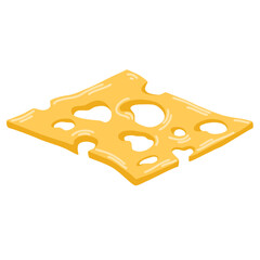 Cheese slice. Cut Swiss cheese with holes. Yellow cheddar texture. Cheddar icon isolated on white background. Different shapes of parmesan. Vector illustration.