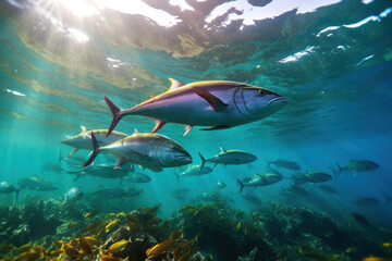 Fototapeta premium Group of tuna swimming gracefully in the crystal-clear sea, surrounded by vibrant coral reefs, illuminated by the bright afternoon sun. Generative AI.