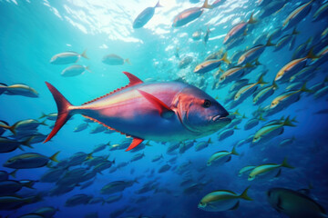 Fototapeta premium Group of tuna swimming gracefully in the crystal-clear sea, surrounded by vibrant coral reefs, illuminated by the bright afternoon sun. Generative AI.