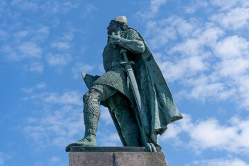 Reykjavik, Iceland - 06.21.2023: Leif Erikson statue in Reykjavik, Iceland