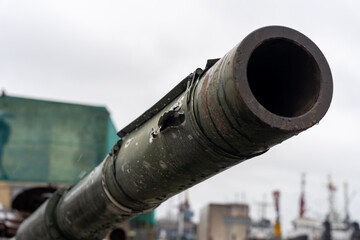 Tank gun of russian T-72B tank, destroyed by the Ukrainian army in the spring of 2022 in the battles near Kiev