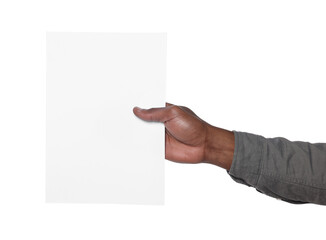 Obraz premium African American man holding sheet of paper on white background, closeup. Mockup for design