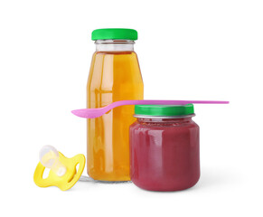 Healthy baby food, bottle with juice and pacifier on light grey background