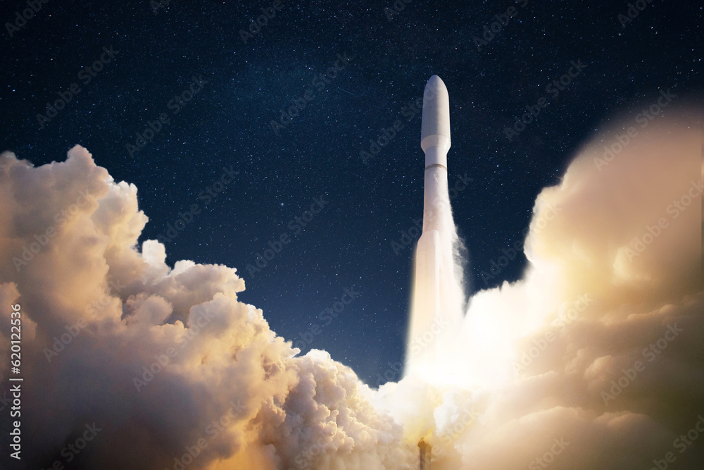 Poster new ship rocket launch flies with clouds of smoke to another planet. spaceship takes off into the st