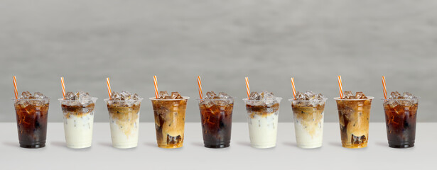 Set of ice caramel latte coffee, coffee with cream and cold brew black amricano coffee  isolated on...