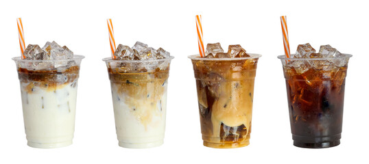 Set of ice caramel latte coffee and black amricano coffee cold isolated clipping path clean cut on white background.