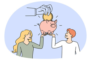 Couple saving money in piggy bank care about future investments. Young family manage finances in piggybank. Financial stability and banking. Vector illustration.