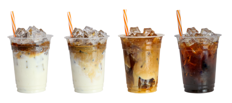 Set of ice caramel latte coffee and black amricano coffee cold isolated clipping path clean cut on white background.