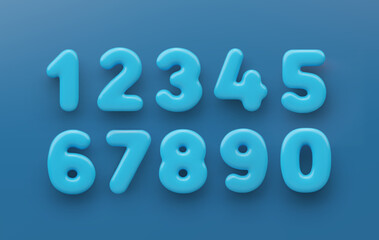 3D Blue number 1,2,3,4,5,6,7,8,9 and null with a glossy surface on a blue background .