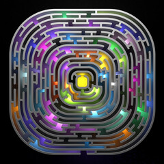 3D render maze with multi-colored illumination, top view